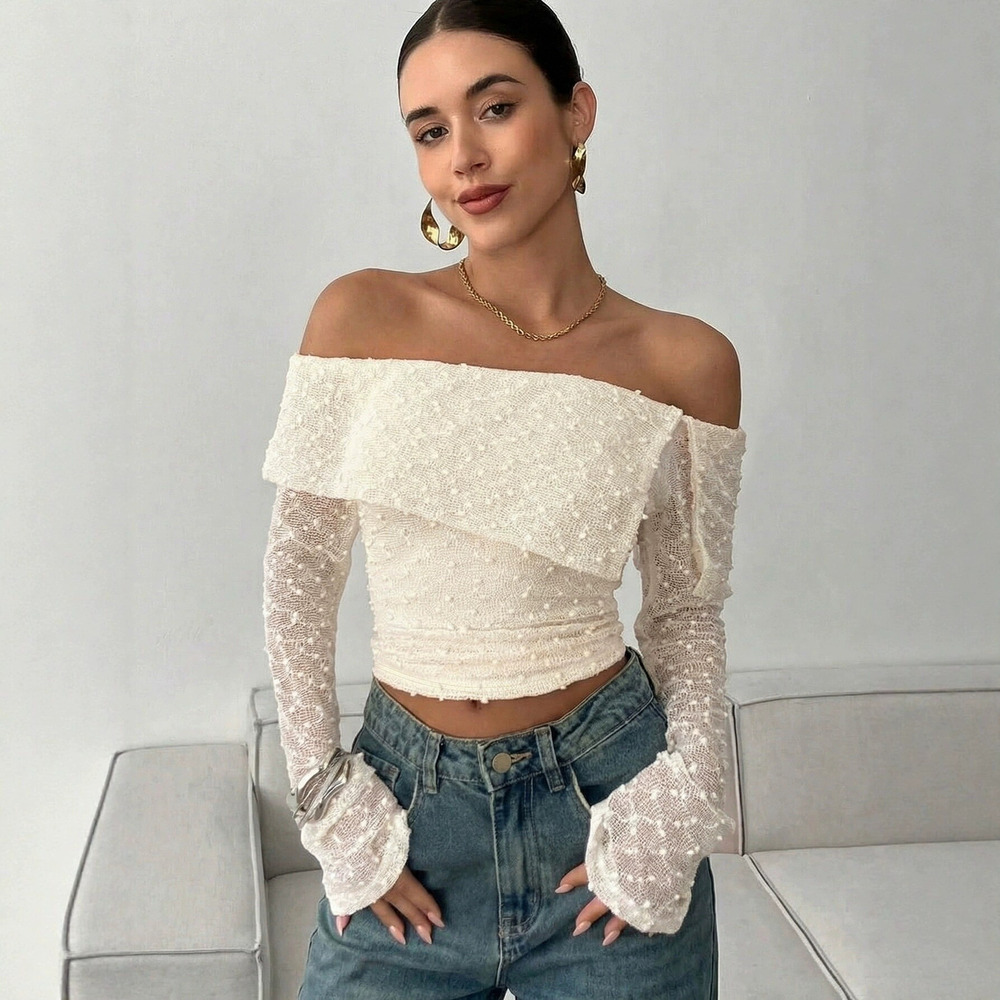 ZARA Spring French Style Off Shoulder Long Bell Sleeve Fitted Cropped Top